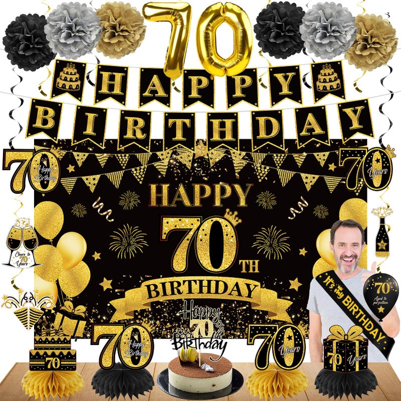 Eucutur 42PCS 70th Birthday Decoration Kit for Men Women, Black Gold Happy 70th Bday Banner Balloons Honeycomb Centerpiece Swirl Paper Pompoms Party Supplies, 70 Bday Sash Table Cake Topper Swirls Set - Image 1